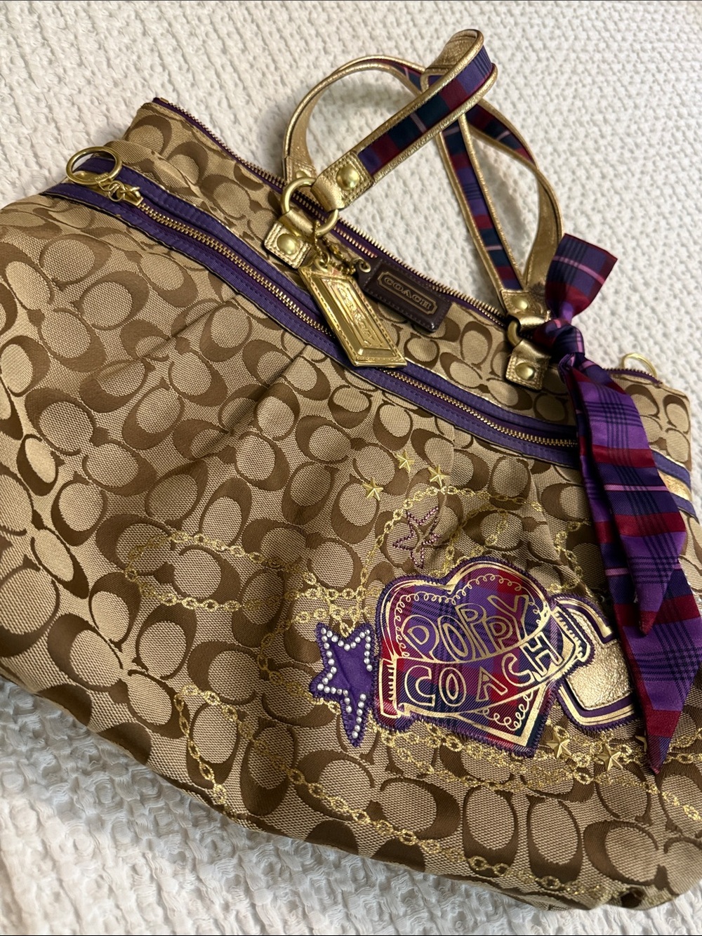Coach Poppy Tartan Plaid Appliqué Glam Tote - Picture 12 of 16